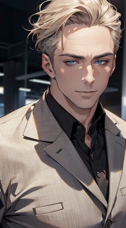 (best quality,4k,8k,highres,masterpiece:1.2),ultra-detailed,(realistic,photorealistic,photo-realistic:1.37),1 man,3,mature man,very handsome,without expression,smile,short grey golden hair,blue eyes,penetrating gaze,perfect face without errors,imposing posture,businessman,office background,cinematic lighting,hdr image