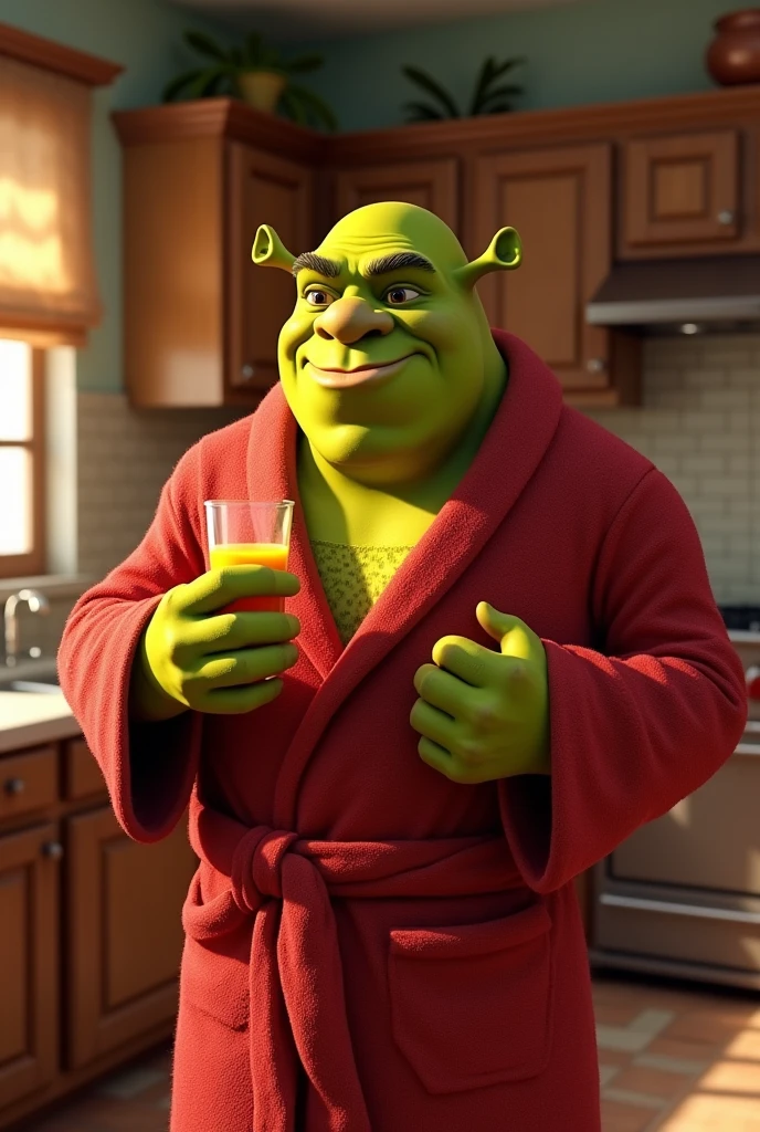 Create Sherek in red bathrobe holding a glass of orange juice with a kitchen in the background