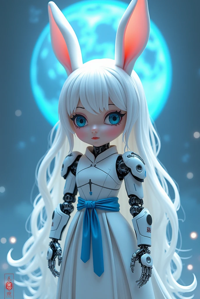 Create a Mid-Autumn Festival poster with a futuristic sci-fi mechanical fantasy，(By Mooncake，The cute mechanical white rabbit and the mechanical Chang&#39;e in the Guanghan Palace are composed of three people.:1.6)，(Dotted with osmanthus and osmanthus)，嫦娥有长长的White hair，blue eyes，The body is silver，Wearing a white dress,A blue belt is tied around the waist，Standing in a futuristic Mid-Autumn Festival background，The background is blue，There are blue lights on her and in the background，There&#39;s an energy field around her.，This image is very detailed and realistic，((girl，Mecha))，Broken armor，Mechanical Halo，Robotic Arm，White hair，Long hair，Ceramic body，Thigh gap，Network Background，Extremely detailed city，(Translucent body)，(Reflective Skin)，8k，Best quality，Ultra Detailed，(Surrealism:1.4), [colorful explosion psychedelic paint colors:1.21], (sharp:0.7), amazing fine detail, Nikon D850 film stock photograph Kodak Portra 400 camera f1.6 lens, rich colors, lifelike