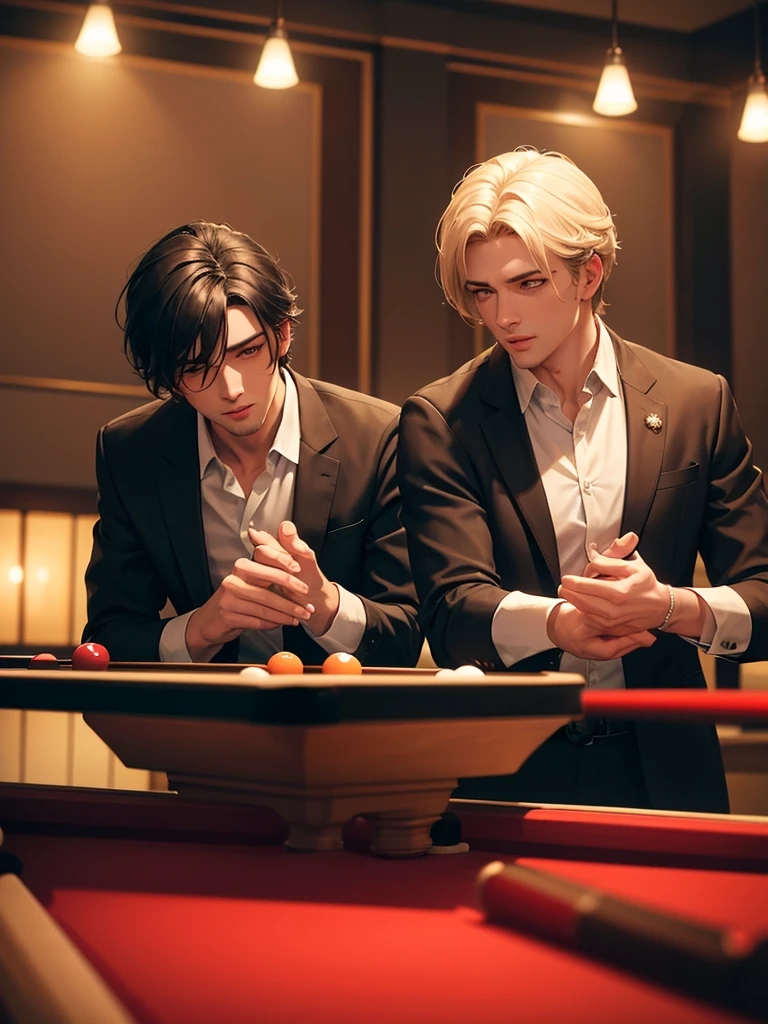 a romantic scene of two men playing pool, detailed portrait of two handsome men, beautiful detailed eyes, beautiful detailed lips, extremely detailed eyes and face, long eyelashes, man in suit, man in casual clothes, pool table, billiard balls, cue sticks, moody lighting, warm color palette, chiaroscuro lighting, dramatic shadows, cinematic composition, masterpiece, best quality, 8k, highres