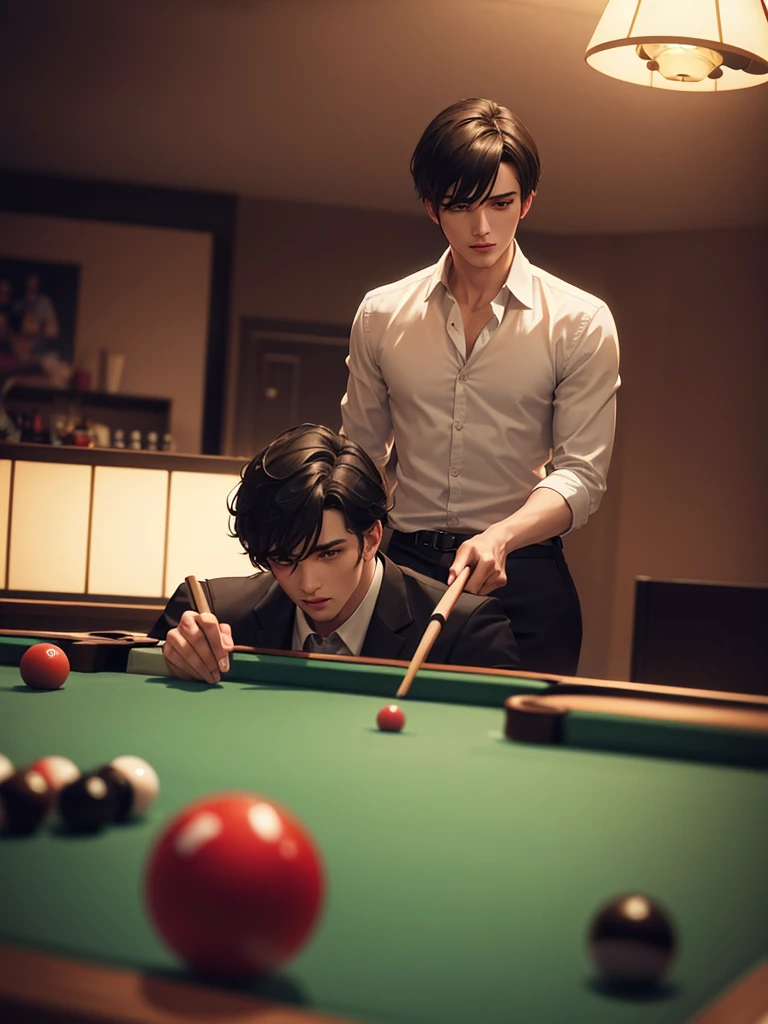 a romantic scene of two men playing pool, detailed portrait of two handsome men, beautiful detailed eyes, beautiful detailed lips, extremely detailed eyes and face, long eyelashes, man in suit, man in casual clothes, pool table, billiard balls, cue sticks, moody lighting, warm color palette, chiaroscuro lighting, dramatic shadows, cinematic composition, masterpiece, best quality, 8k, highres