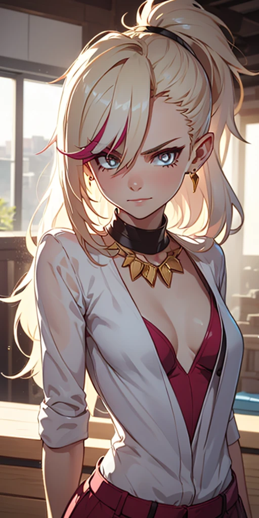 Beautiful girl, (Platinum hair), ((very long curly hair)), face perfect, innocent smirk, trunk,(cerulean eyes), (yan), (mic), (slim), ((flat-chested)), ((2)), skin denture, extreme detail, charming oval face, Red lips, Pink, shining skin, detailed hair, Facial Focus, Close-up chest, gold decorative necklace, gold earrings, ((1 girl)), Embarrassed expression, elf ears