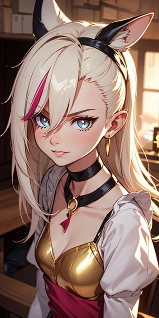 Beautiful girl, (Platinum hair), ((very long curly hair)), face perfect, innocent smirk, trunk,(cerulean eyes), (yan), (mic), (slim), ((flat-chested)), ((2)), skin denture, extreme detail, charming oval face, Red lips, Pink, shining skin, detailed hair, Facial Focus, Close-up chest, gold decorative necklace, gold earrings, ((1 girl)), Embarrassed expression, elf ears