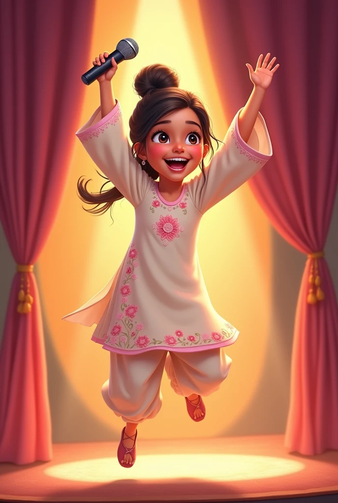 Lily, (highest quality, 4k, masterpiece:1.3), A young Pakistani Muslim girl wearing a traditional cream shalwar kameez with pink floral embroidery. Her hair is styled in a neat bun with loose strands framing her face, as seen in previous images. She is mid-jump, holding the microphone high with one hand, a big smile on her face. The image is in a 2D animation style, with bright colors, cartoonish features, and soft, smooth shading. The background shows soft curtains, warm stage lighting, and a playful, joyful atmosphere. Clear outlines, simple textures, and an illustrated, digital painting look. (Cream shalwar kameez, pink floral embroidery, consistent outfit:1.3), (same hairstyle as before:1.3), (microphone in hand:1.3), (microphone always visible:1.3)