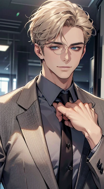 (best quality,4k,8k,highres,masterpiece:1.2),ultra-detailed,(realistic,photorealistic,photo-realistic:1.37),1 man,3,mature man,very handsome,without expression,smile,short grey golden hair,blue eyes,penetrating gaze,perfect face without errors,imposing posture,businessman,office background,cinematic lighting,hdr image