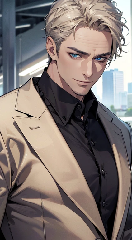 (best quality,4k,8k,highres,masterpiece:1.2),ultra-detailed,(realistic,photorealistic,photo-realistic:1.37),1 man,3,mature man,very handsome,without expression,smile,short grey golden hair,blue eyes,penetrating gaze,perfect face without errors,imposing posture,businessman,office background,cinematic lighting,hdr image