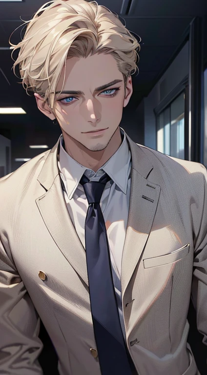 (best quality,4k,8k,highres,masterpiece:1.2),ultra-detailed,(realistic,photorealistic,photo-realistic:1.37),1 man,3,mature man,very handsome,without expression,smile,short grey golden hair,blue eyes,penetrating gaze,perfect face without errors,imposing posture,businessman,office background,cinematic lighting,hdr image