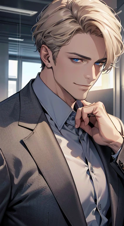 (best quality,4k,8k,highres,masterpiece:1.2),ultra-detailed,(realistic,photorealistic,photo-realistic:1.37),1 man,3,mature man,very handsome,without expression,smile,short grey golden hair,blue eyes,penetrating gaze,perfect face without errors,imposing posture,businessman,office background,cinematic lighting,hdr image