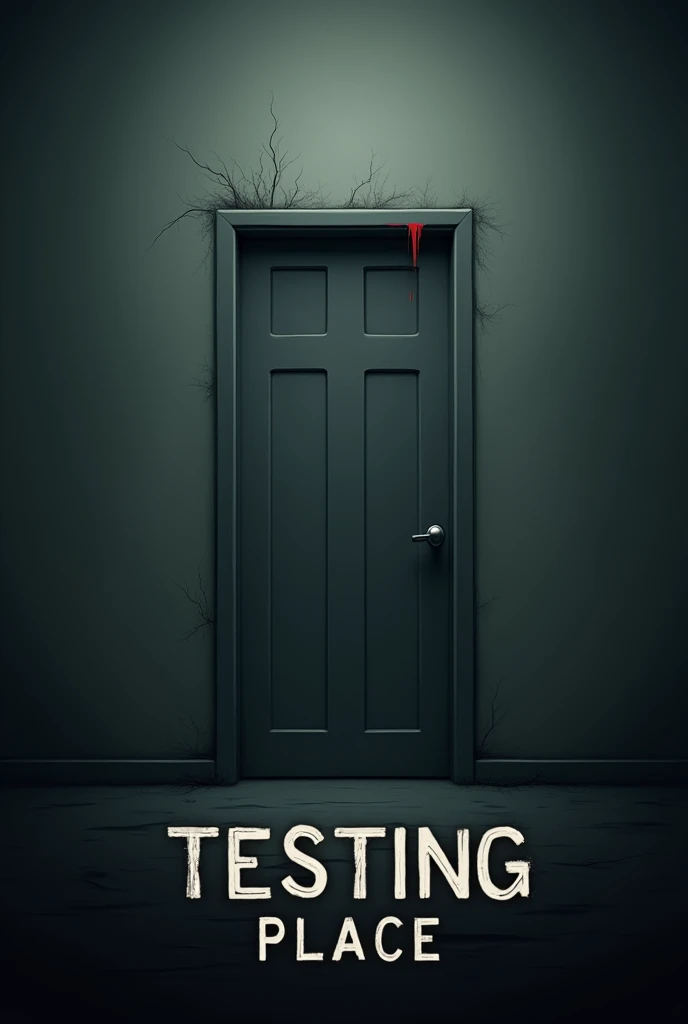 Could you create an image that is an icon for a game called testing place and I would like you to put the name of the game on that icon as well, which has a minimalist door with touches of horror?.