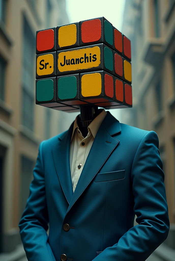 Create a character with a Rubik's cube head with no facial features above it should say" SR JUANCHIS" He's wearing a cool blue suit