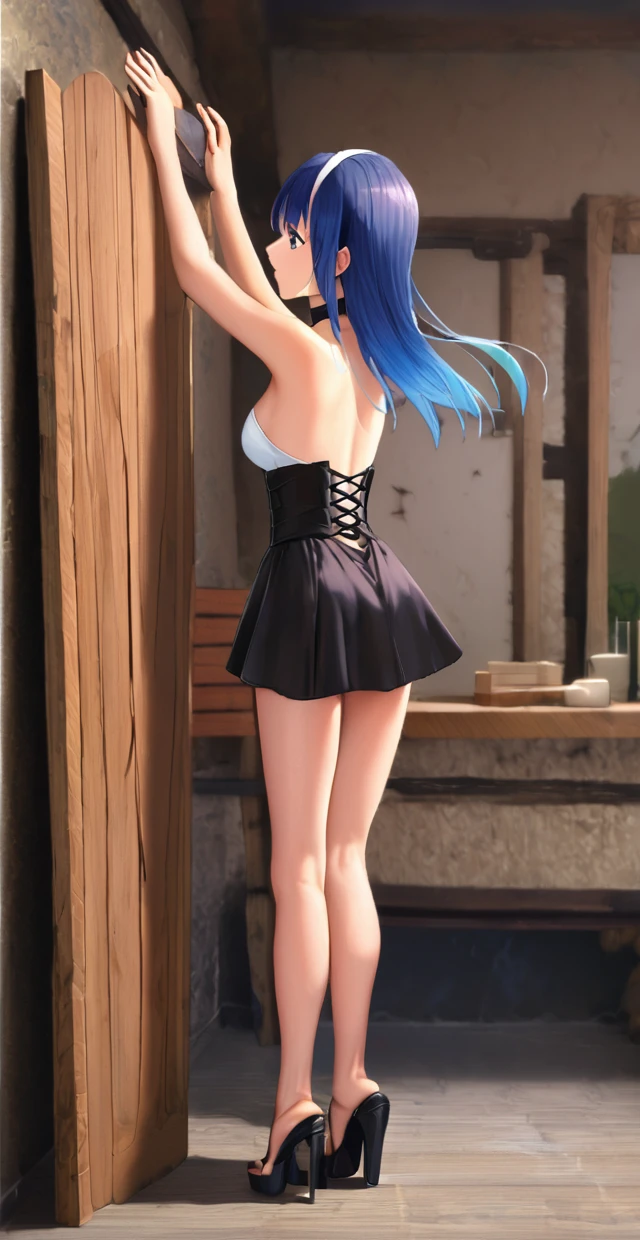  1girl, FF8RINOA, torn black corset strapless,  medium Breasts hanging, white hairband, black choker, long legs, spread legs,  black platform high heels sandals,  black miniskirt sexy, pillory, bend over, tiptoes, tiptoes in heels, standing tiptoes, stockade, side shot, full body shot,  Bathroom background. 