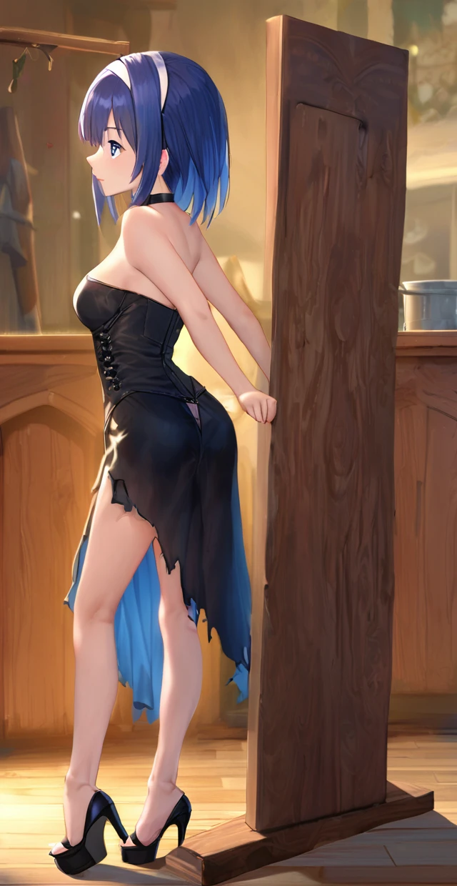  1girl, FF8RINOA, torn black corset strapless,  medium Breasts hanging, white hairband, black choker, long legs, spread legs,  black platform high heels sandals,  black miniskirt sexy, pillory, bend over, tiptoes, tiptoes in heels, standing tiptoes, stockade, side shot, full body shot,  Bathroom background. 