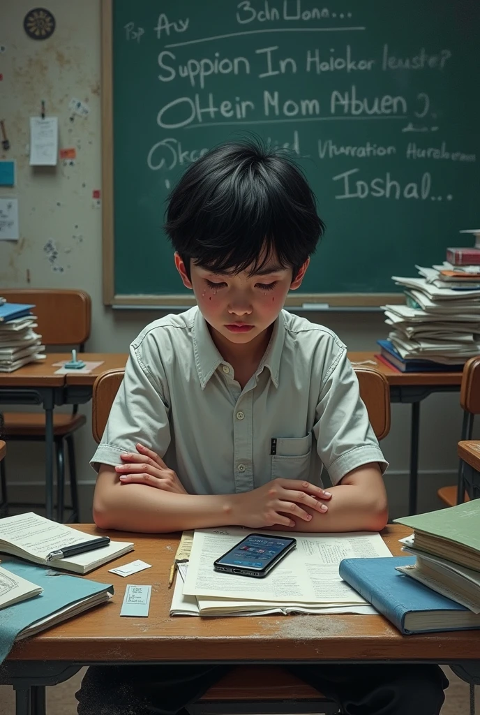 Drawing of a ager crying and alone at a classroom desk with lots of papers and his iPhone is on the desk with his mother calling him