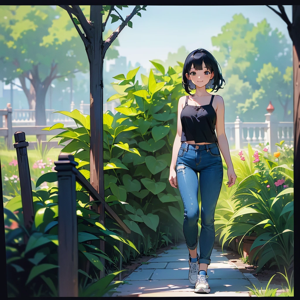 (high quality, High resolution, Very detailed, reality:1.37), Peaceful atmosphere, (Outdoor, garden), Teenage girl standing alone, (my breasts are big.), Beautiful details, Cute Smile, (Black bob hair), camisole, Denim pants, Blue socks, sneakers.