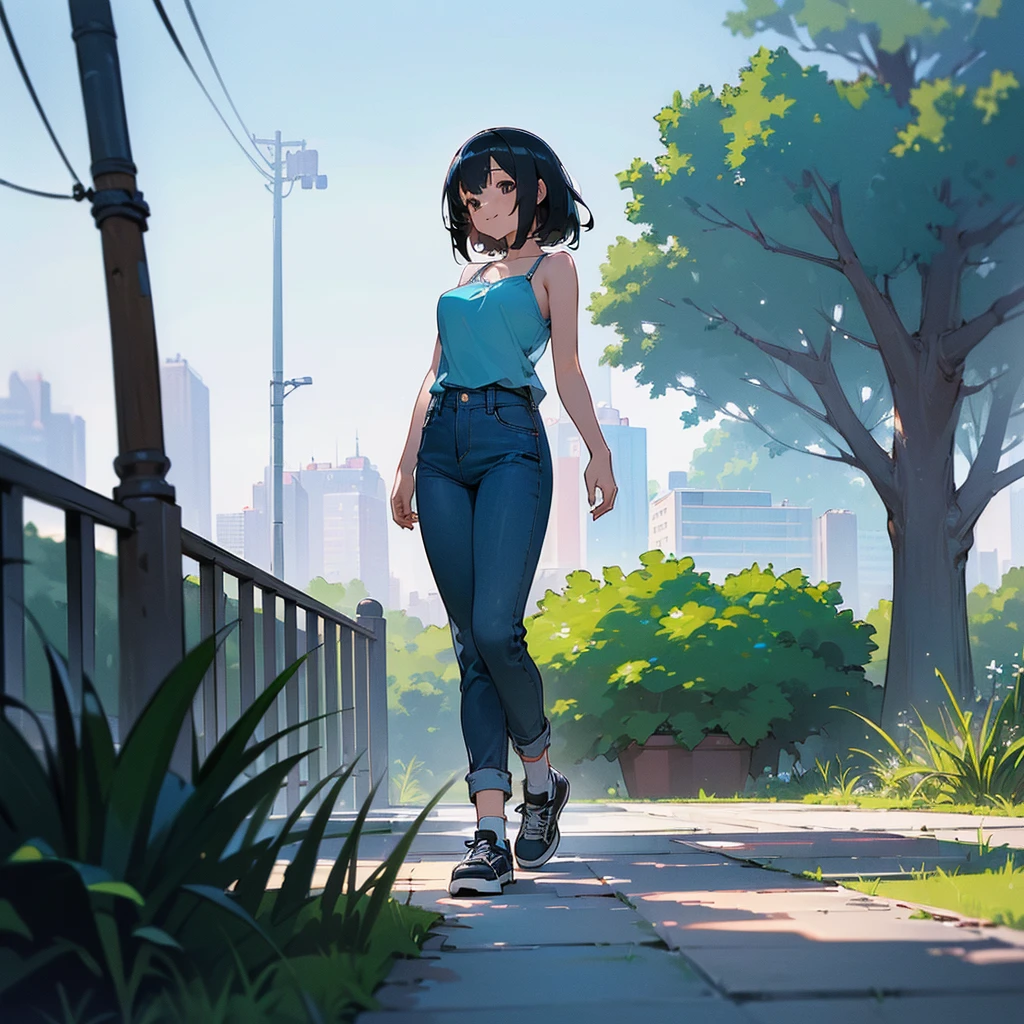 (high quality, High resolution, Very detailed, reality:1.37), Peaceful atmosphere, (Outdoor, garden), Teenage girl standing alone, (my breasts are big.), Beautiful details, Cute Smile, (Black bob hair), camisole, Denim pants, Blue socks, sneakers.