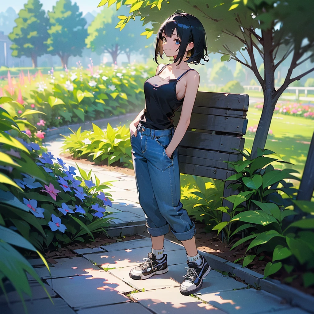 (high quality, High resolution, Very detailed, reality:1.37), Peaceful atmosphere, (Outdoor, garden), Teenage girl standing alone, (my breasts are big.), Beautiful details, Cute Smile, (Black bob hair), camisole, Denim pants, Blue socks, sneakers.
