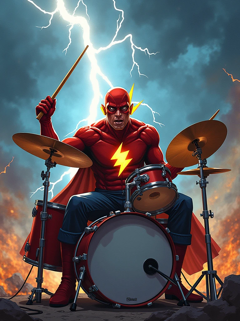 Rock Flash marvel holding a stick sitting playing drums with a background of thunder and very rock vibes.