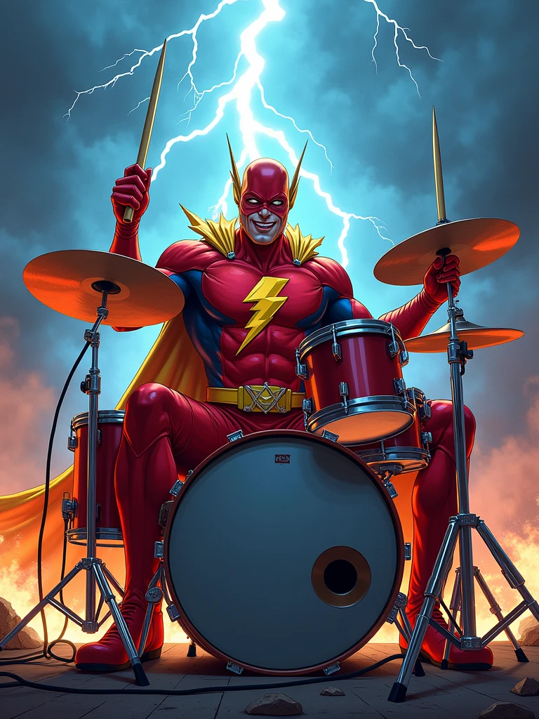 Rock Flash marvel holding a stick sitting playing drums with a background of thunder and very rock vibes.