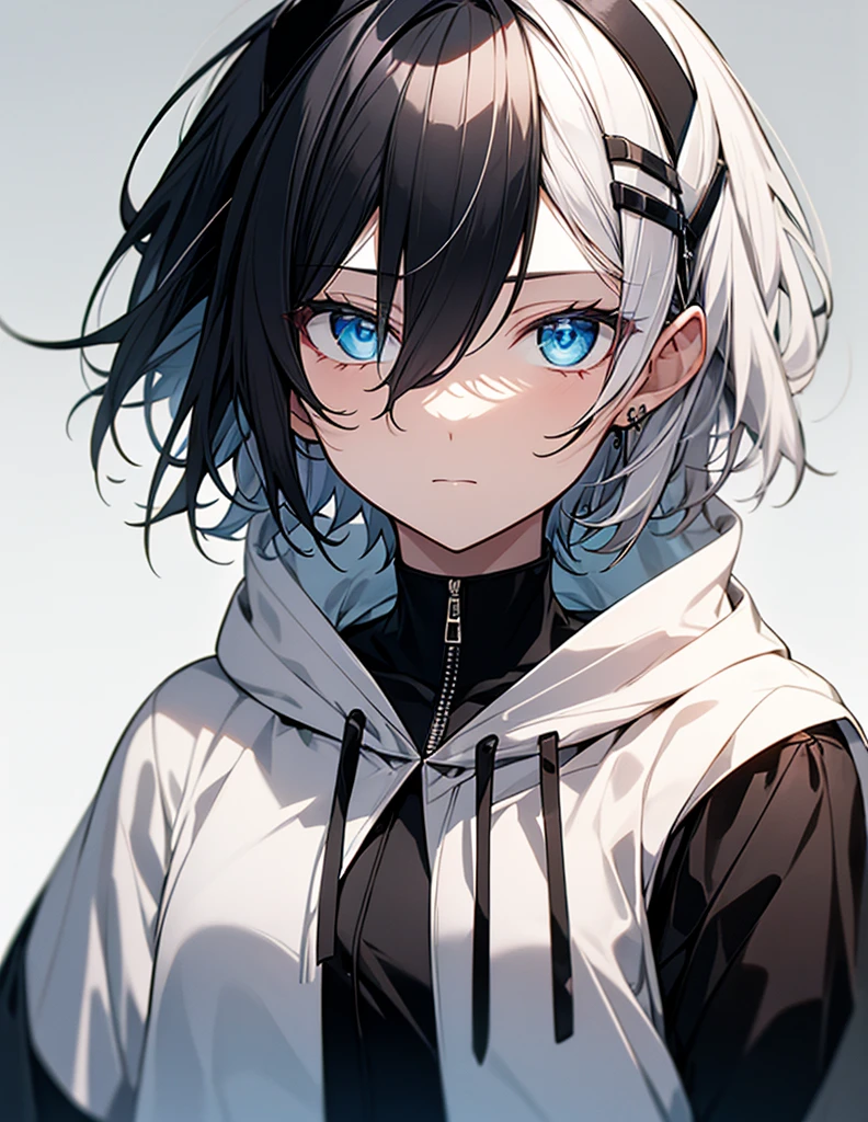 Highest quality White Hair Short Hair Wearing black hair accessories Wearing a white hoodie blue eyes Expressionless woman