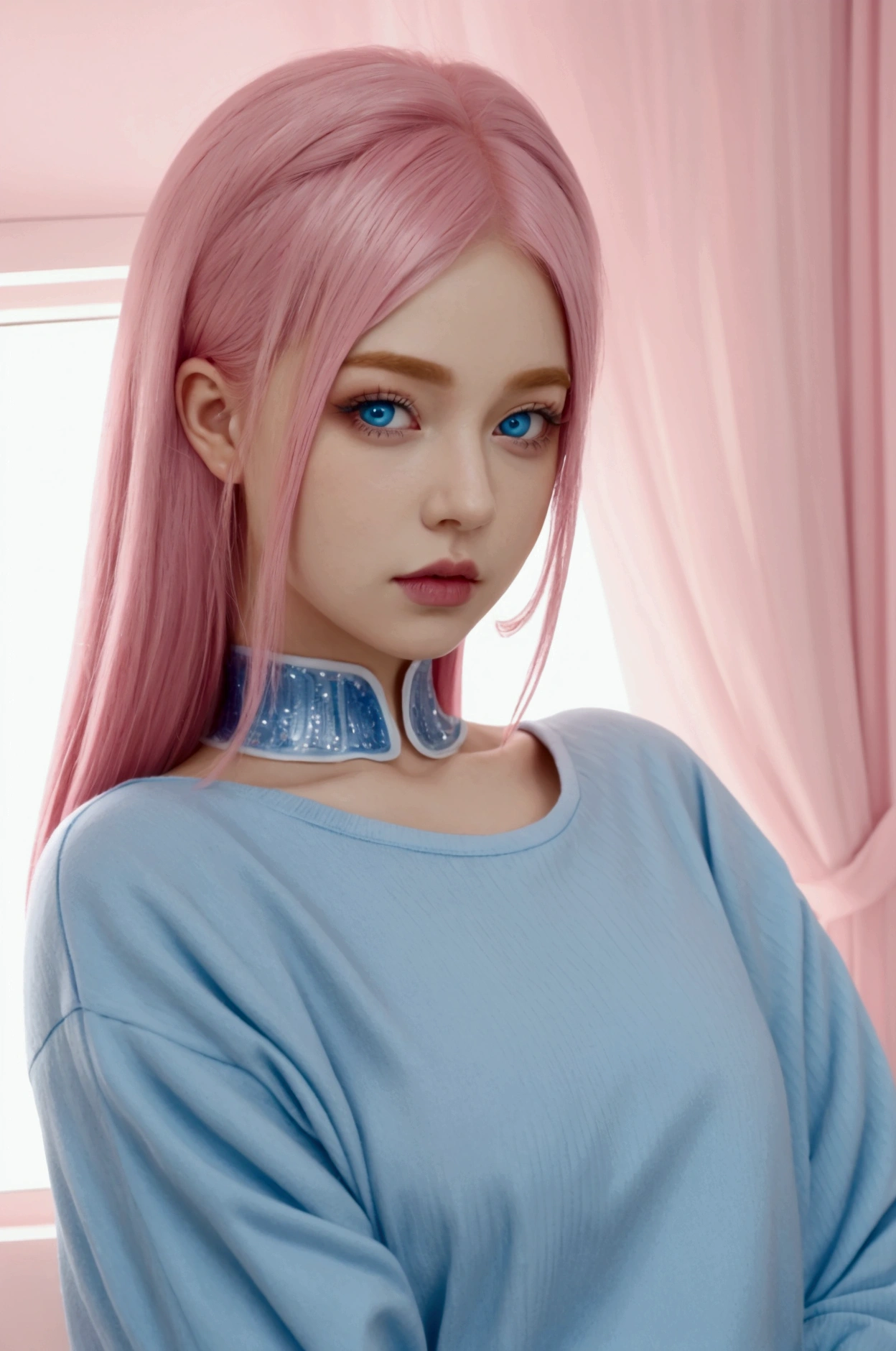 pink hair, blue eyes