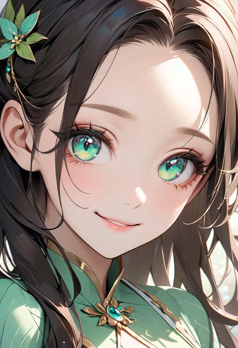 8K,high res,Skin details, Beautiful facial features, Exquisite makeup, Exquisite eyes, Eye detail,smile,forehead,dark hair,mint-green tops
