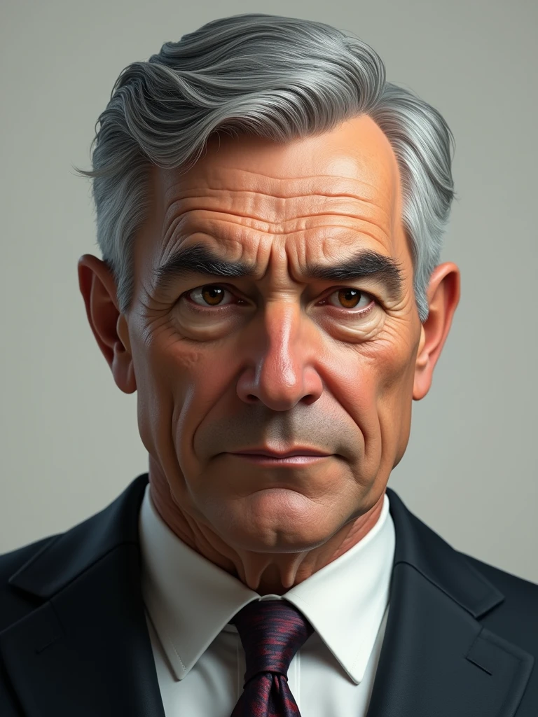 Create an ultra-realistic character, of a 6 man, brown eyes, short gray hair, with a normal mouth, a large and airy nose, thick shadows, wearing dress clothes