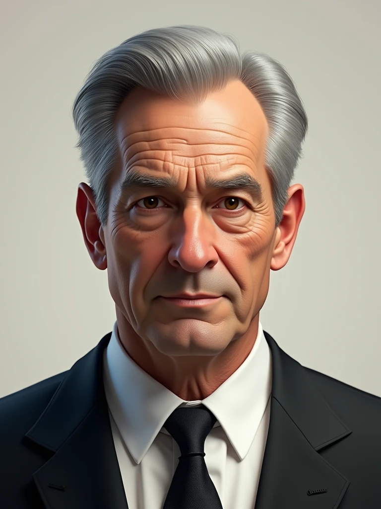 Create an ultra-realistic character, of a 6 man, brown eyes, short gray hair, with a normal mouth, a large and airy nose, thick shadows, wearing dress clothes