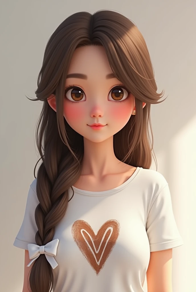 Create a photo of a female character roblox with brown hair tied to a braid in the front, a white hair bow behind her head, a white top with a brown heart drawn in the middle. 