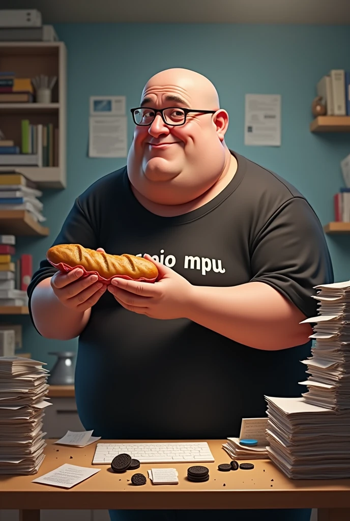 white male, aged 50, baldie, fatter, cheeky, paunchy, wrinkled face, wearing glasses, eating baguette with ham, leaning against a cluttered computer desk, stacks of papers, Oreo crumbs and cookies. Wearing a black shirt with the phrase APPOIO MPU