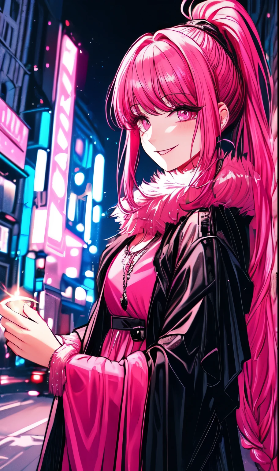 A beautiful gothic woman with long hot pink hair (haircut with bangs and ponytail), Latin eyes, smiling sweetly, wearing a stylish cyberpunk neon pink dress and a long fur jacket, Empty background of candlelit medieval street