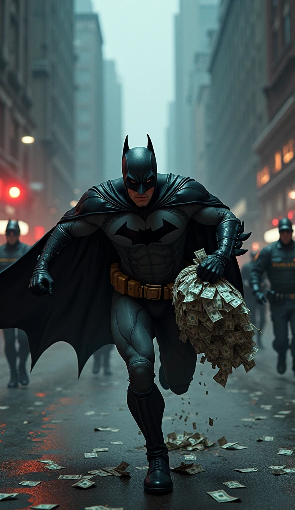 Make a picture in which Batman is running away with a lot of money and the money is scattered everywhere and the police has surrounded him from all sides 