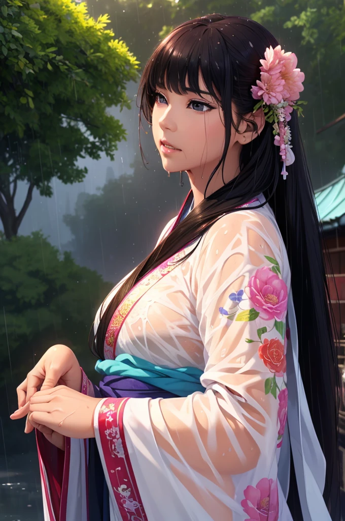 Heavy rain background、Field、in the forest、Walking in the river、On the run、In the fog、war (Highest quality,4K,8k,High resolution,masterpiece:1.2), Very detailed, (Realistic,Realistic,Realistic:1.37), High resolution, Hyper HD, Studio Lighting, Ultra-fine painting, Sharp focus, Physically Based Rendering, Very detailed説明, Professional, Vibrant colors, Bokeh, Sports Late Night, Ancient War Landscapes, Traditional Chinese Painting Techniques, Atmospheric lighting, Vivid color contrast, Ethereal atmosphere,Very detailed目と顔, Beautiful attention to detail, Light on the face,豪華なHanfu (Hanfu: 1.1),My whole body is wet、My clothes are wet and transparent、Nipples are visible、The nipples are pale pink、Rain clouds spreading across the sky、Heavy rain weather、Pouring rain、Wind and rain storm、((Soaked skin from head to toe))、((Rain-soaked clothes(Rain dripping from clothes))、((The lines of your body are clearly visible through your wet clothes...))、、Dark Eyes、black eye、Slim figure、Small breasts