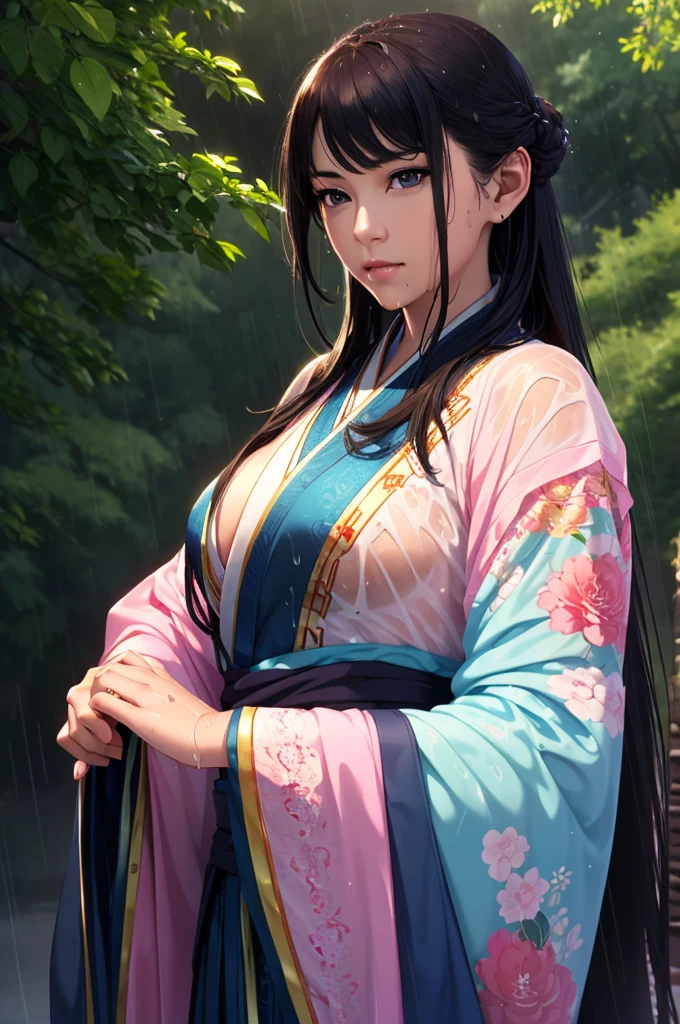 Heavy rain background、Field、in the forest、Walking in the river、On the run、In the fog、war (Highest quality,4K,8k,High resolution,masterpiece:1.2), Very detailed, (Realistic,Realistic,Realistic:1.37), High resolution, Hyper HD, Studio Lighting, Ultra-fine painting, Sharp focus, Physically Based Rendering, Very detailed説明, Professional, Vibrant colors, Bokeh, Sports Late Night, Ancient War Landscapes, Traditional Chinese Painting Techniques, Atmospheric lighting, Vivid color contrast, Ethereal atmosphere,Very detailed目と顔, Beautiful attention to detail, Light on the face,豪華なHanfu (Hanfu: 1.1),My whole body is wet、My clothes are wet and transparent、Nipples are visible、The nipples are pale pink、Dynamic pose、Rain clouds spreading across the sky、Heavy rain weather、Pouring rain、Wind and rain storm、((Soaked skin from head to toe))、((Rain-soaked clothes(Rain dripping from clothes))、((The lines of your body are clearly visible through your wet clothes...))、、Eye color is green、Tired look、Disheveled clothing、Slim figure、Small breasts、Complex combat scenarios