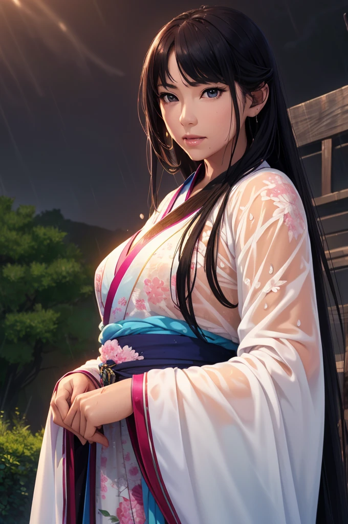 Heavy rain background、Field、in the forest、Walking in the river、On the run、In the fog、war (Highest quality,4K,8k,High resolution,masterpiece:1.2), Very detailed, (Realistic,Realistic,Realistic:1.37), High resolution, Hyper HD, Studio Lighting, Ultra-fine painting, Sharp focus, Physically Based Rendering, Very detailed説明, Professional, Vibrant colors, Bokeh, Sports Late Night, Ancient War Landscapes, Traditional Chinese Painting Techniques, Atmospheric lighting, Vivid color contrast, Ethereal atmosphere,Very detailed目と顔, Beautiful attention to detail, Light on the face,豪華なHanfu (Hanfu: 1.1),My whole body is wet、My clothes are wet and transparent、Nipples are visible、The nipples are pale pink、Rain clouds spreading across the sky、Heavy rain weather、Pouring rain、Wind and rain storm、((Soaked skin from head to toe))、((Rain-soaked clothes(Rain dripping from clothes))、((The lines of your body are clearly visible through your wet clothes...))、、Dark Eyes、black eye、Slim figure、Small breasts