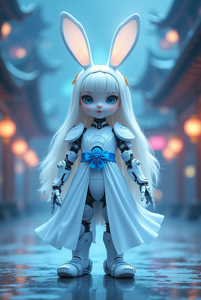 Create a Mid-Autumn Festival poster with a futuristic sci-fi mechanical fantasy，(By Mooncake，Cute mechanical white rabbitBREAK The mechanical Chang&#39;e in Guanghan Palace:1.6)，(Dotted with osmanthus and osmanthus)，嫦娥有长长的White hair，blue eyes，The body is silver，Wearing a white Hanfu dress,A blue belt is tied around the waist，Standing in a futuristic Mid-Autumn Festival background，The background is blue，There are blue lights on her and in the background，There&#39;s an energy field around her.，This image is very detailed and realistic，((girl，iHanfu Mecha))，Broken armor，Mechanical Halo，Robotic Arm，White hair，Long hair，Ceramic body，Thigh gap，Network Background，Extremely detailed city，(Translucent body)，(Reflective Skin)，8k，Best quality，Ultra Detailed，(Surrealism:1.4), [colorful explosion psychedelic paint colors:1.21], (sharp:0.7), amazing fine detail, Nikon D850 film stock photograph Kodak Portra 400 camera f1.6 lens, rich colors, lifelike