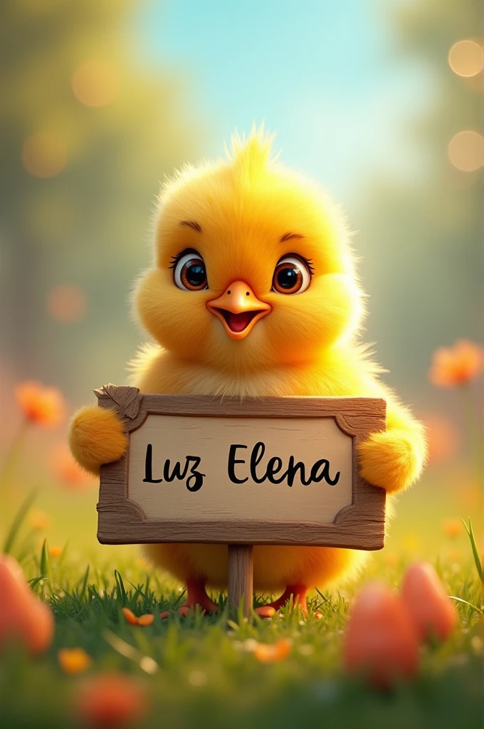 Chick with a sign that says LUZ ELENA