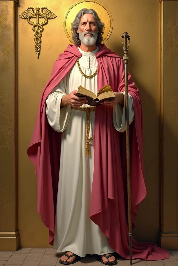 apostle saint matthew, a  older, patron of accounting, standing, with a white tunic and a pinkish red cloak, holding his gospel with his left hand, holding his staff in his right hand, and in the background a golden wall with a symbol "caduceus painted on the side"