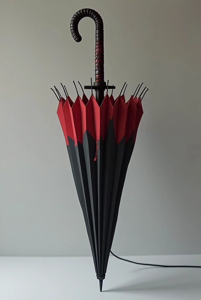 An umbrella with a black handle and blood red accents, the part that protects from the rain is red but the whole cable is black, it doesn't have much detail on the handle, it's simple to look like a real umbrella, this umbrella is medium, but in fact this umbrella is a katana disguised as an umbrella