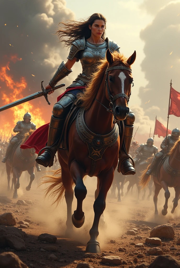 Warrior woman on horse in the middle of a war