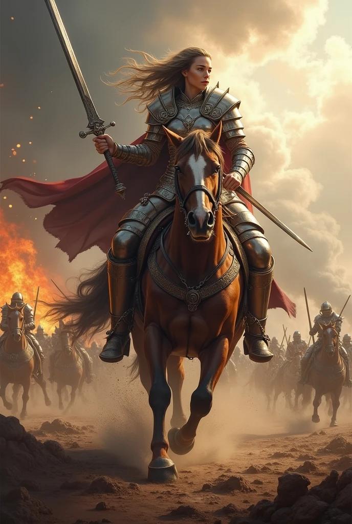 Warrior woman on horse in the middle of a war 