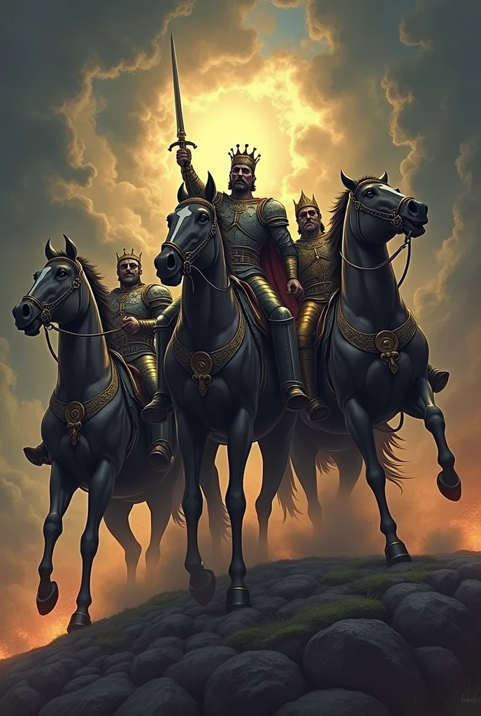 The four horsemen of the apocalypse: Illustrations of mounted knights, with colors and elements that represent Conquest, karo, hunger and death.