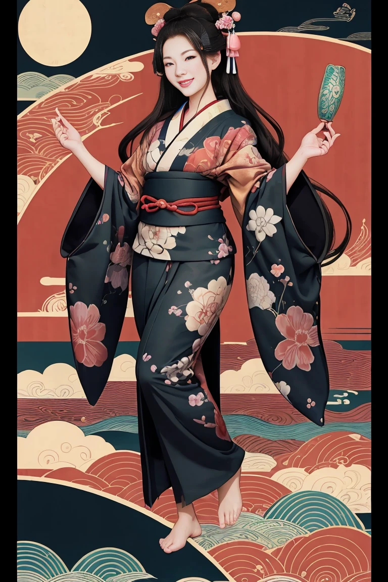 (SeaArt creates stunning illustrations of beautiful women in kimono)、Vividly colored Japanese Ukiyo-e style illustrations、A beautiful woman smiles and shows her upper white teeth、Brown-black long hair、Beautiful full body style、Let's dance a little Tokyo Ondo Yoiyoi、Beautiful new digital paintings,、Bright vibrant digital anime art、 Beautiful anime portraits、background、Torii gate of the Japan shrine、 Detailed digital anime art、