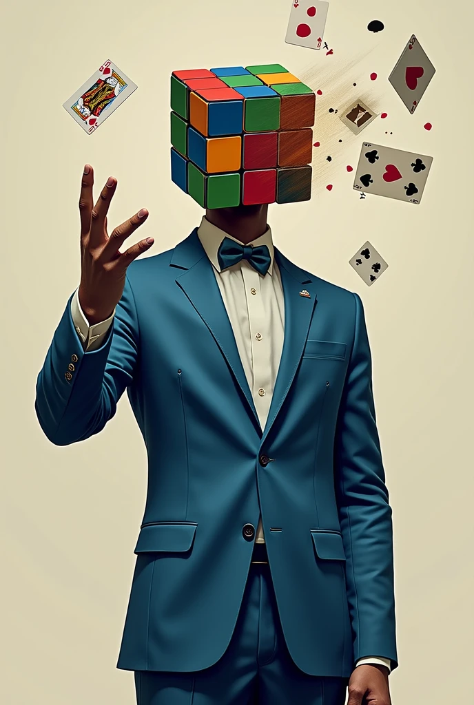 Create a character with a Rubik's cube head with no facial features above it should say" SR JUANCHIS" He is wearing a blue suit and is throwing cards at another character