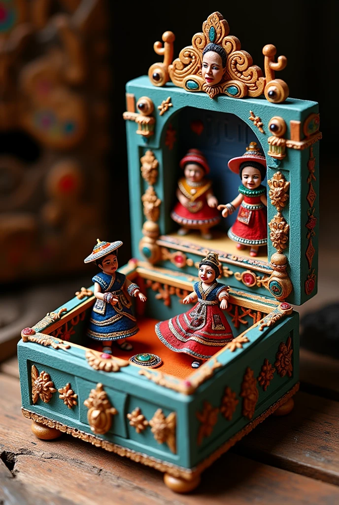 Musical jewelry box with 3d moving characters Bolivian that is rectangular in shape The exterior is sculpted to mimic a miniature dance entrance.The lid of the box features a relief scene of a traditional Bolivian dance.. Imagine figures of dancers in colorful costumes, like those of the Diablada dance, with embossed details that show the costumes rich in embroidery and ornaments.
The dancers are surrounded by decorations representing elements of the Oruro Carnival., such as masks carved in wood or painted ceramics. Make it from BOLIVIA With Bolivian dances