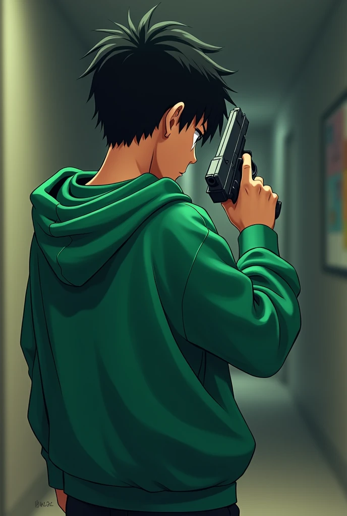 A young anime character with a green sweatshirt angry from behind and with one hand holding a gun 