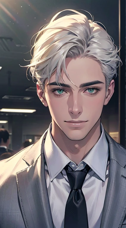 (Highest quality,4K,8K,High resolution,masterpiece:1.2),Super detailed,(Realistic,photoRealistic,photo-Realistic:1.37),1 personld,Mature Men,Beautiful skin、very handsome,Expressionless smile in love,Short white hair,green eyes,Sharp Eyes,A perfect face without a doubt,Businessman, CEO, Office Background,Cinema Lighting,HDR image,tie、