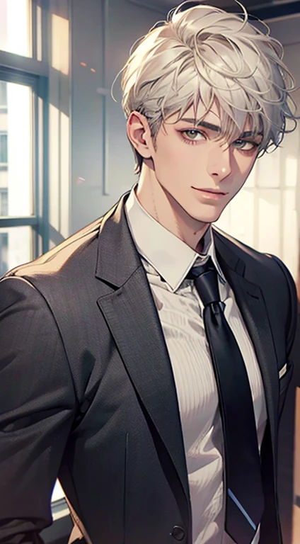 (Highest quality,4K,8K,High resolution,masterpiece:1.2),Super detailed,(Realistic,photoRealistic,photo-Realistic:1.37),1 personld,Mature Men,Beautiful skin、very handsome,Expressionless smile in love,Short white hair,green eyes,Sharp Eyes,A perfect face without a doubt,Businessman, CEO, Office Background,Cinema Lighting,HDR image,tie、