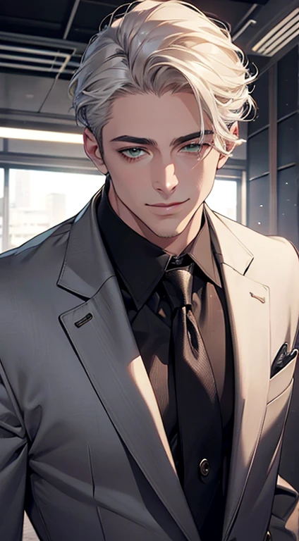 (Highest quality,4K,8K,High resolution,masterpiece:1.2),Super detailed,(Realistic,photoRealistic,photo-Realistic:1.37),1 personld,Mature Men,Beautiful skin、very handsome,Expressionless smile in love,Short white hair,green eyes,Sharp Eyes,A perfect face without a doubt,Businessman, CEO, Office Background,Cinema Lighting,HDR image,tie、