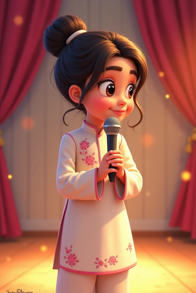 Lily, (highest quality, 4k, masterpiece:1.3), A young Pakistani Muslim girl wearing a traditional cream shalwar kameez with pink floral embroidery. Her hair is styled in a neat bun with loose strands framing her face, as seen in previous images. She leans forward slightly, holding the microphone close to her mouth as if whispering a secret, smiling playfully. The image is in a 2D animation style, with bright colors, cartoonish features, and soft, smooth shading. The background shows soft curtains, warm stage lighting, and a playful, joyful atmosphere. Clear outlines, simple textures, and an illustrated, digital painting look. (Cream shalwar kameez, pink floral embroidery, consistent outfit:1.3), (same hairstyle as before:1.3), (microphone in hand:1.3), (microphone always visible:1.3)