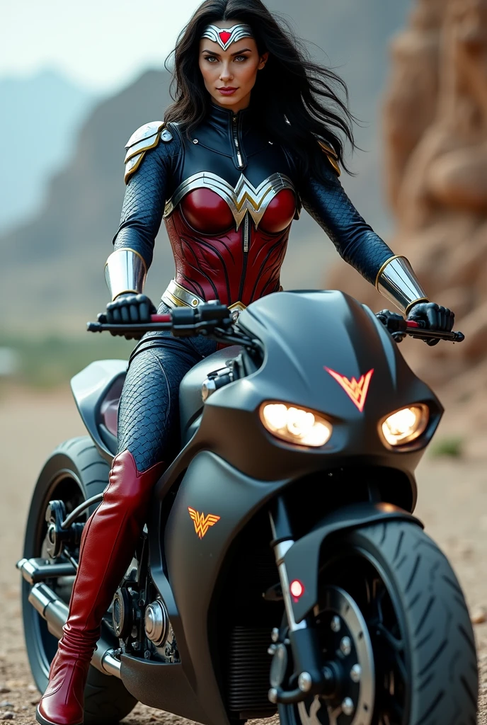 (((Extreme close-up of Wonder Woman wearing a navy blue leather jumpsuit with scales covering her neck,torso and forearms red corset in silver metal diaema armor with a red star on her forehead long red boots up to her knees riding a large red futuristic high-displacement motorcycle Wonder Woman logos on the motorcycle)))